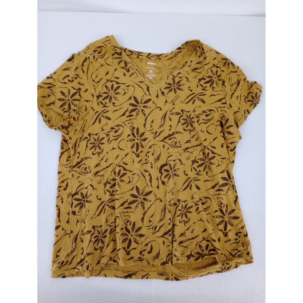 Sonoma Everyday Tee Women XL Mustard Yellow Floral V-Neck Short Sleeve Cotton